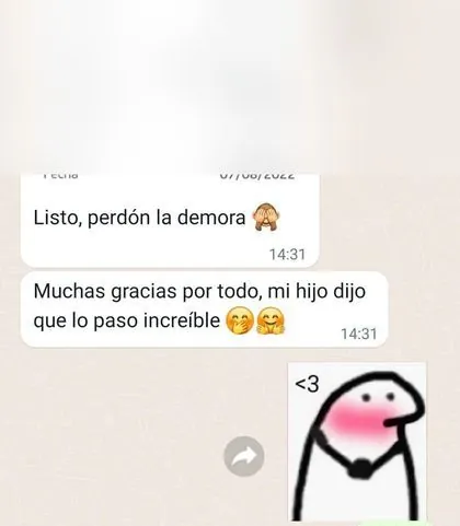 Mensaje de WhatsApp donde la clienta cuenta que su hijo lo pasó increíble