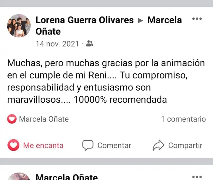 Publicación de Facebook donde una mamá recomienda la animación del cumpleaños de su hija