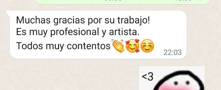 Mensaje de WhatsApp de una empresa que contrató la animación y quedó conforme